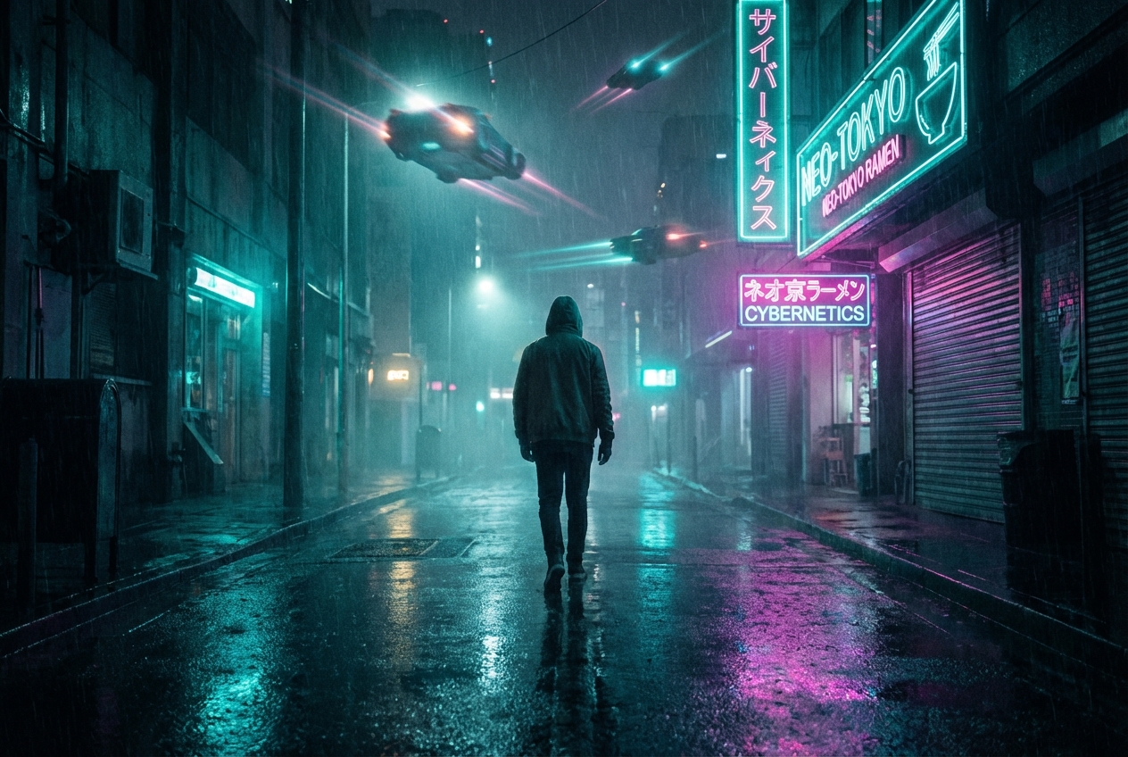 Neon reflections on a rainy street