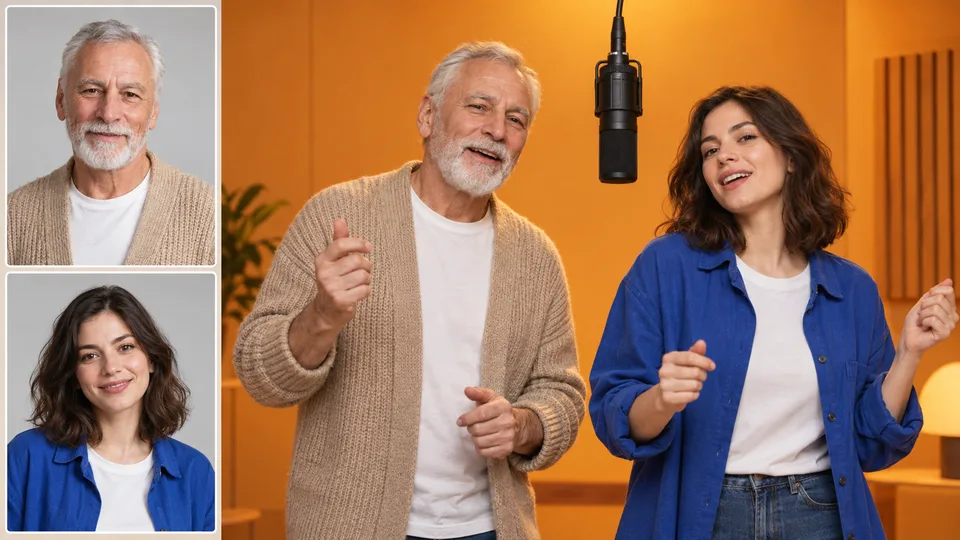 Hotel Lobby AI template illustration: two portraits and an elderly man and woman performing in an orange studio
